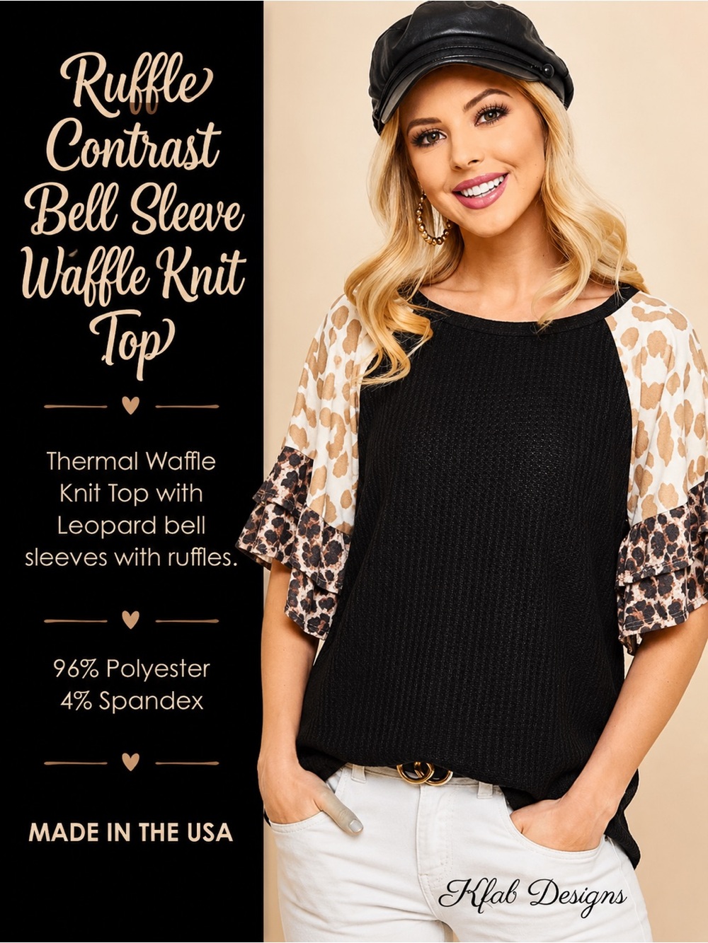 Ruffle Contrast Bell Sleeve Waffle Knit Top NEW
